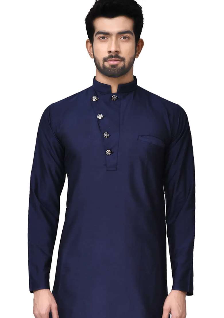 Navy Blue Solid Cotton Kurta Set For Men - Indya