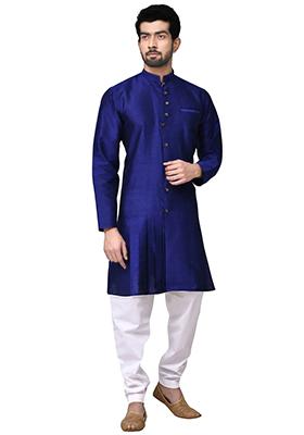 Royal Blue Solid Silk Kurta Set For Men