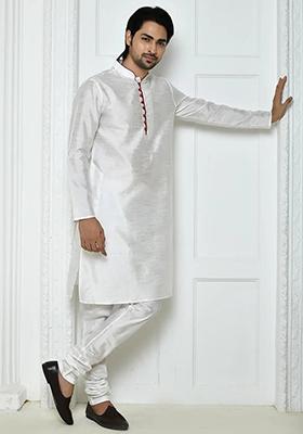 White Solid Silk Kurta Set For Men