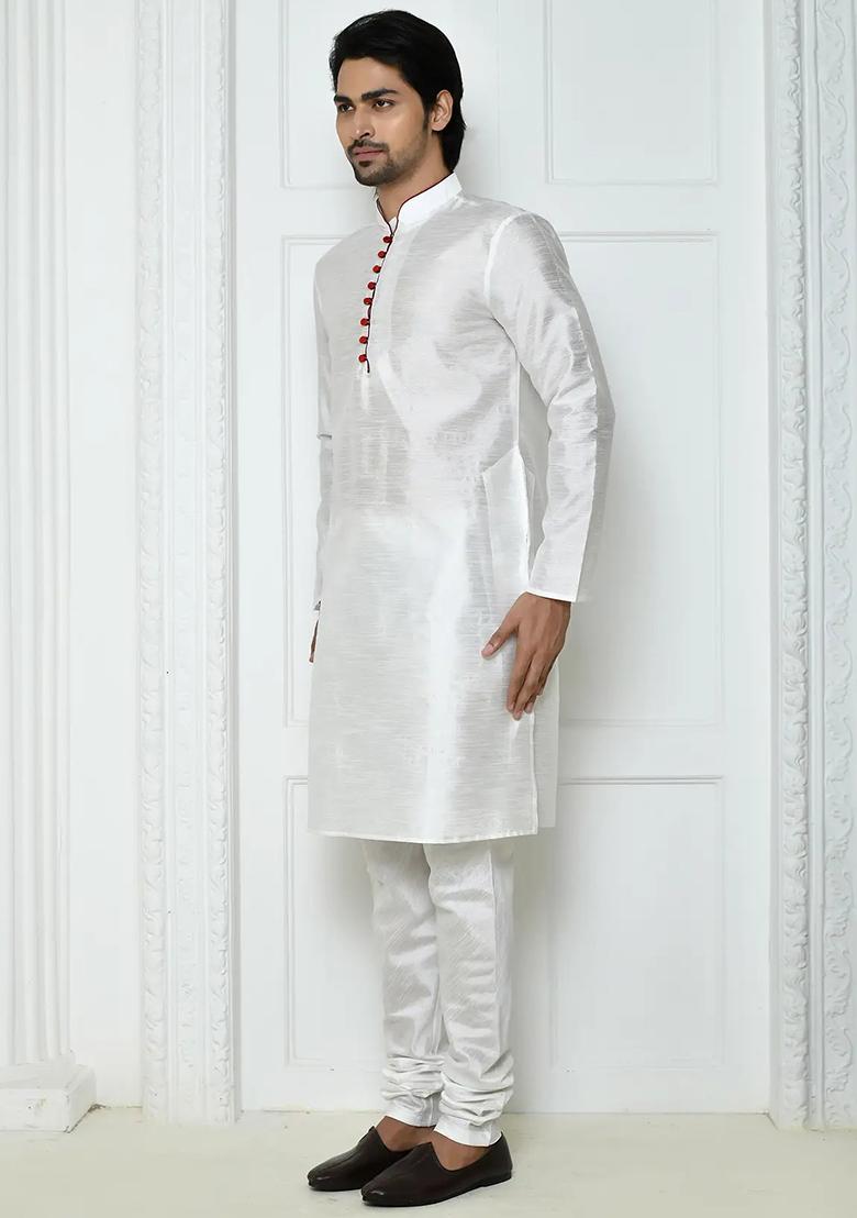 White Solid Silk Kurta Set For Men