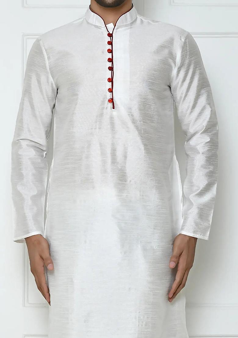 White Solid Silk Kurta Set For Men