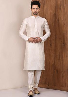 Lemon Cream Solid Silk Kurta Set For Men