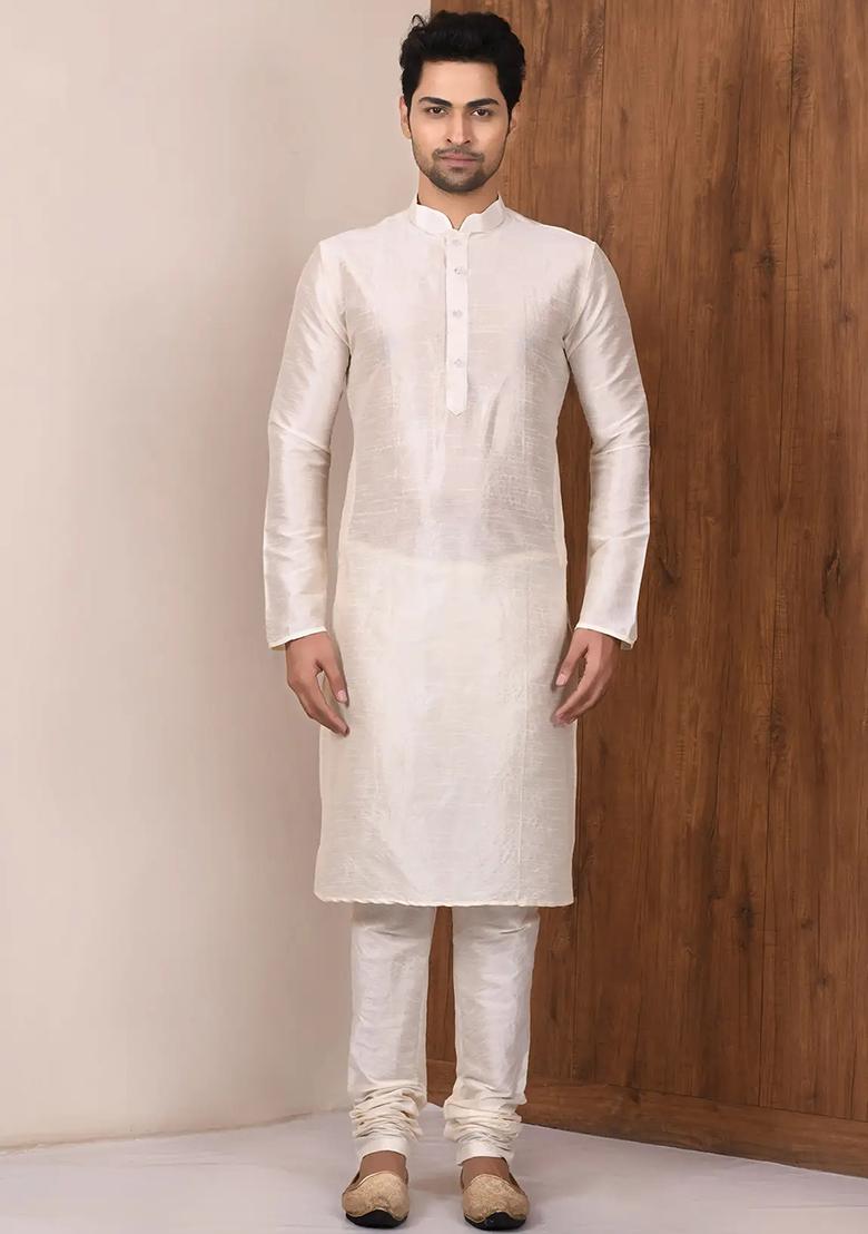 Lemon Cream Solid Silk Kurta Set For Men