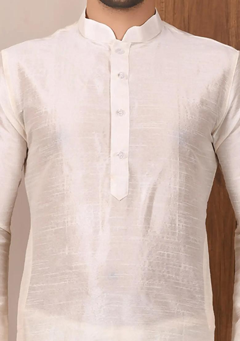 Lemon Cream Solid Silk Kurta Set For Men
