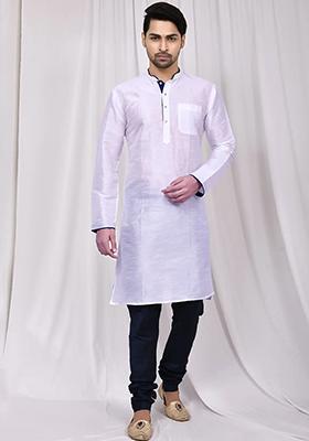 White Solid Silk Kurta Set For Men