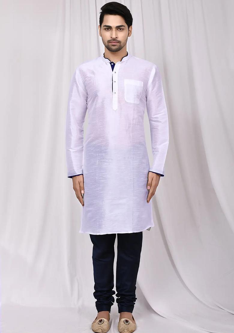 White Solid Silk Kurta Set For Men