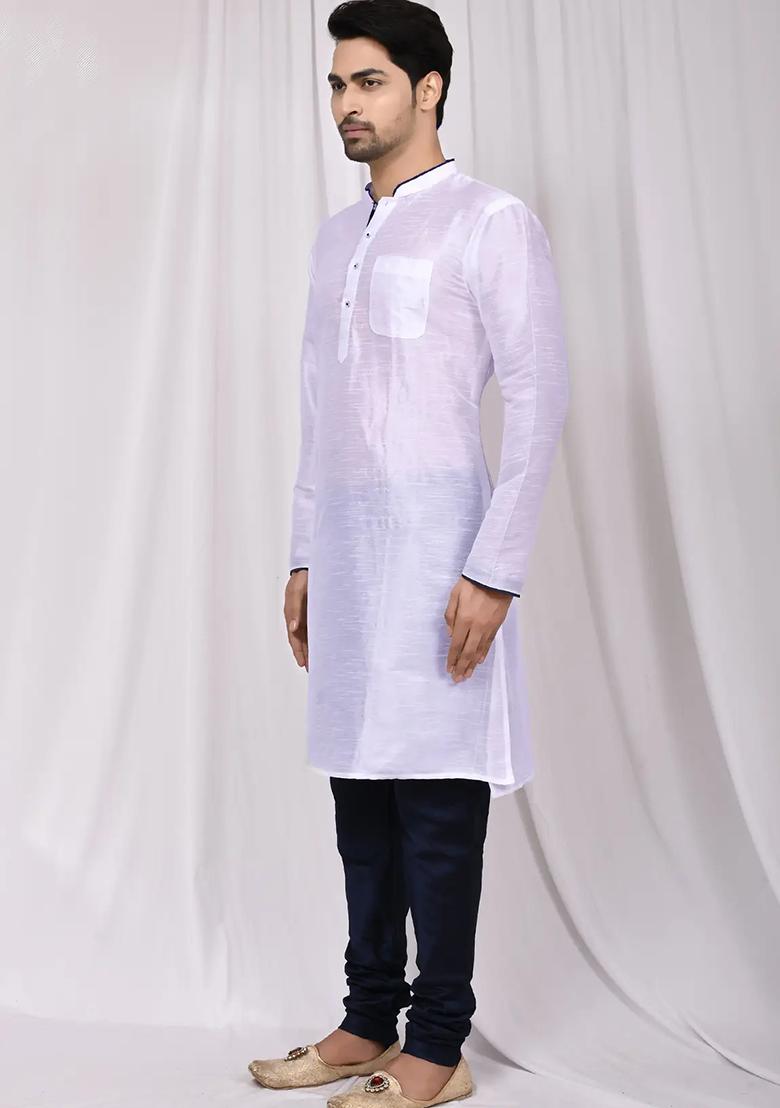 White Solid Silk Kurta Set For Men