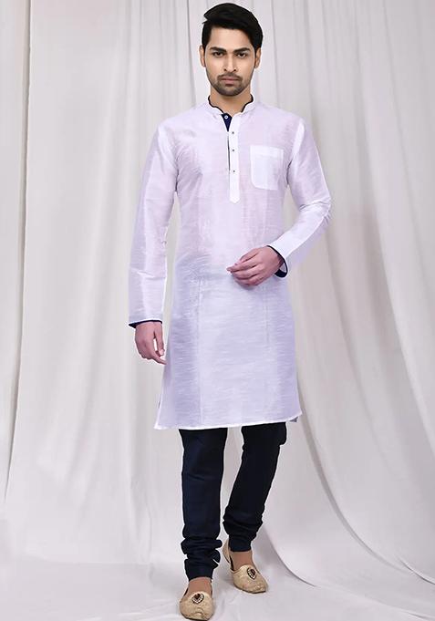 White Solid Silk Kurta Set For Men