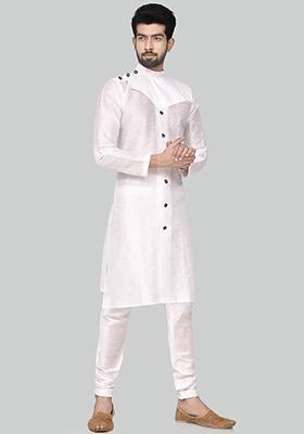 White Solid Silk Kurta Set For Men