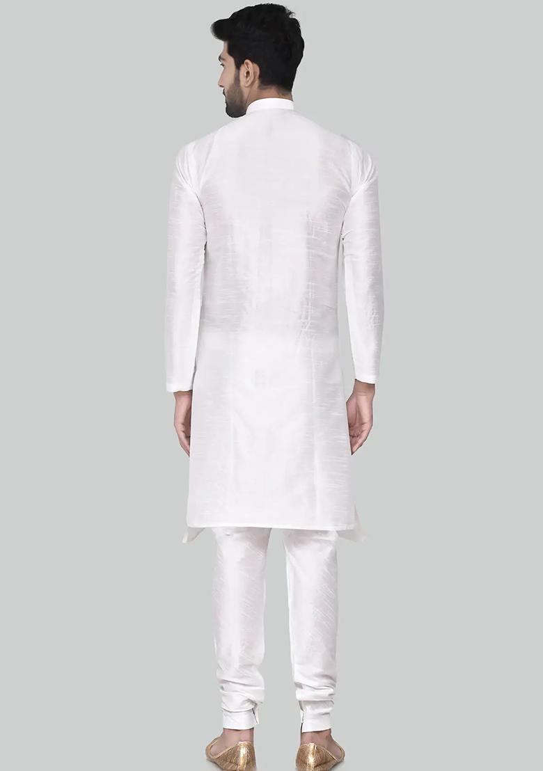 White Solid Silk Kurta Set For Men