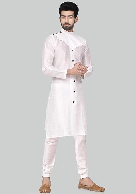 White Solid Silk Kurta Set For Men