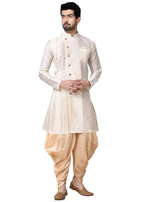 Cream Embroidered Silk Kurta Set For Men