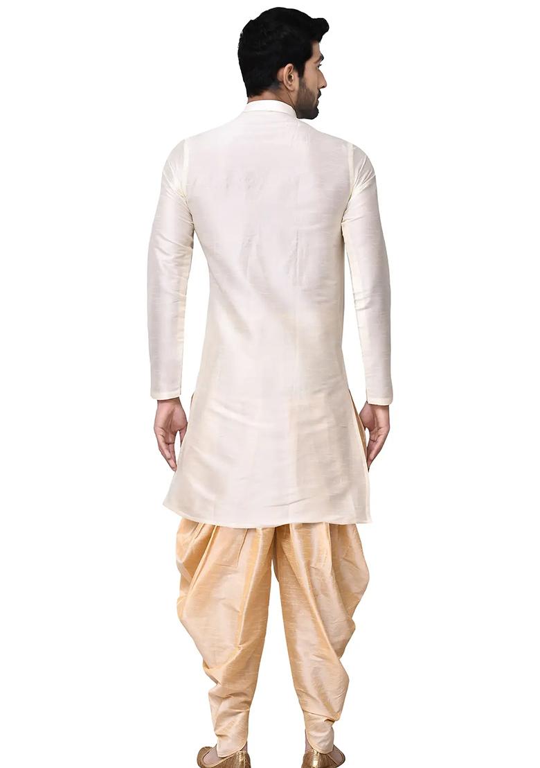 Cream Embroidered Silk Kurta Set For Men