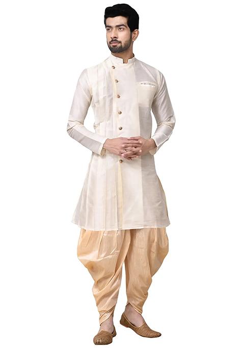 Cream Embroidered Silk Kurta Set For Men