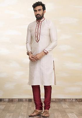 Cream Embroidered Silk Kurta Set For Men