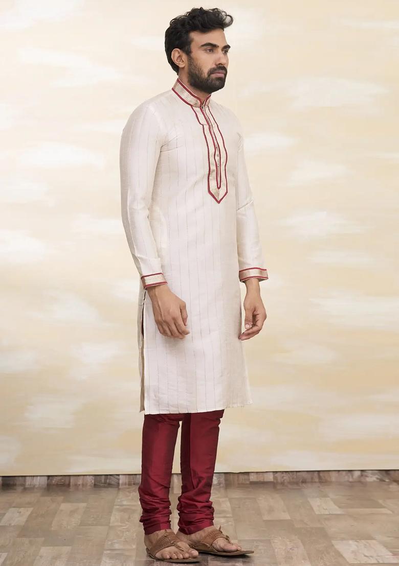 Cream Embroidered Silk Kurta Set For Men
