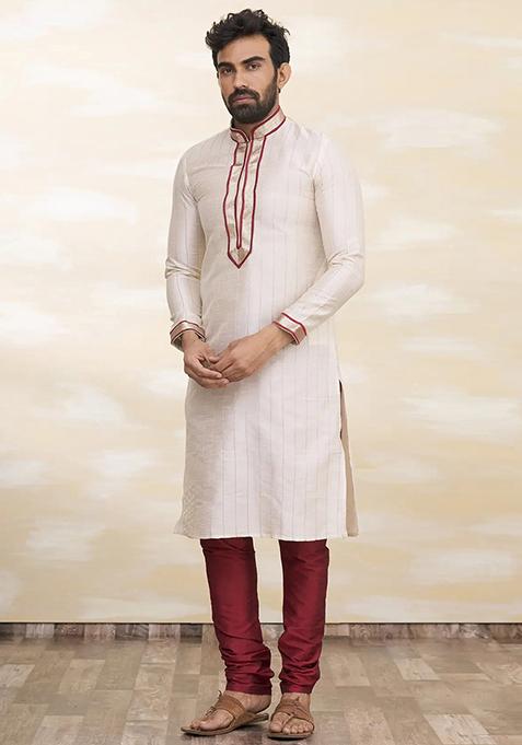 Cream Embroidered Silk Kurta Set For Men