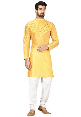 Yellow Solid Silk Kurta Set For Men