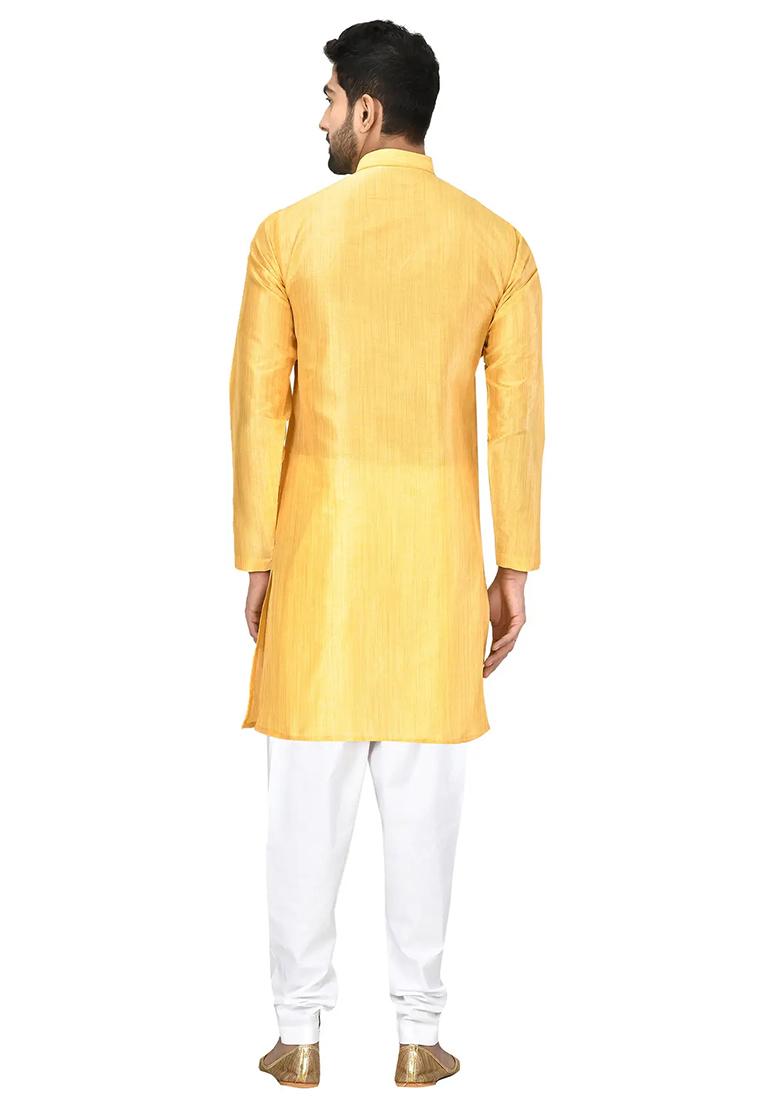 Yellow Solid Silk Kurta Set For Men