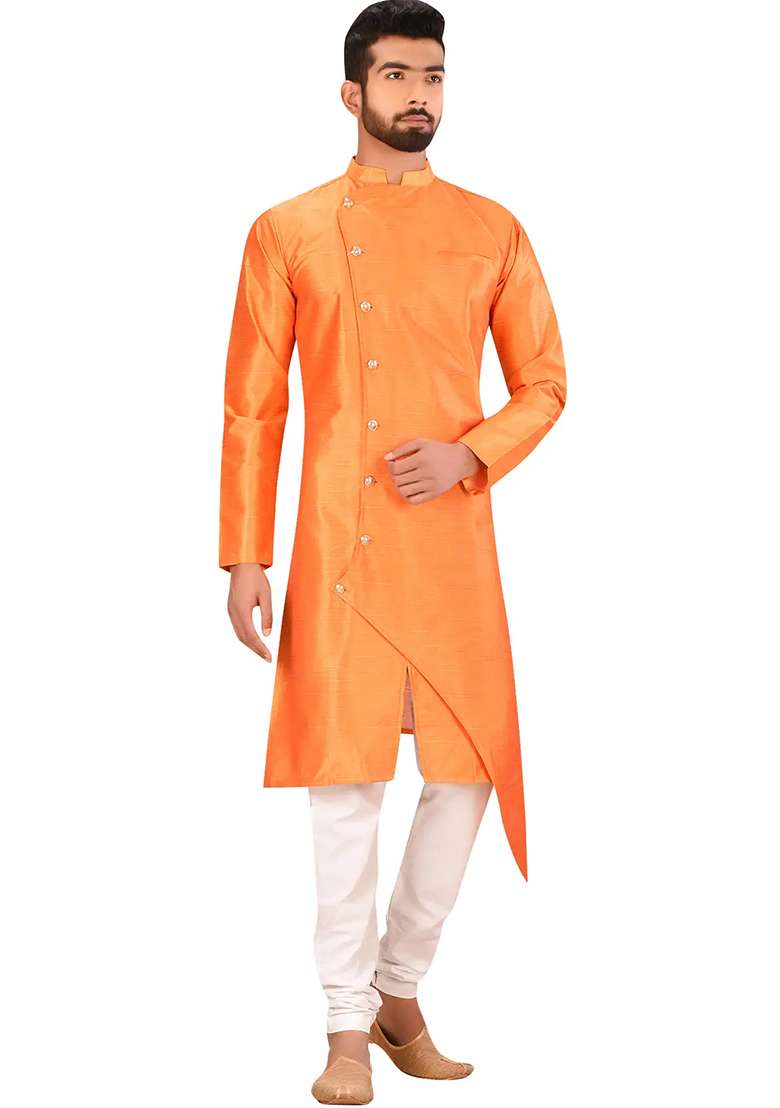 Orange Solid Silk Blend Kurta Set For Men - Indya