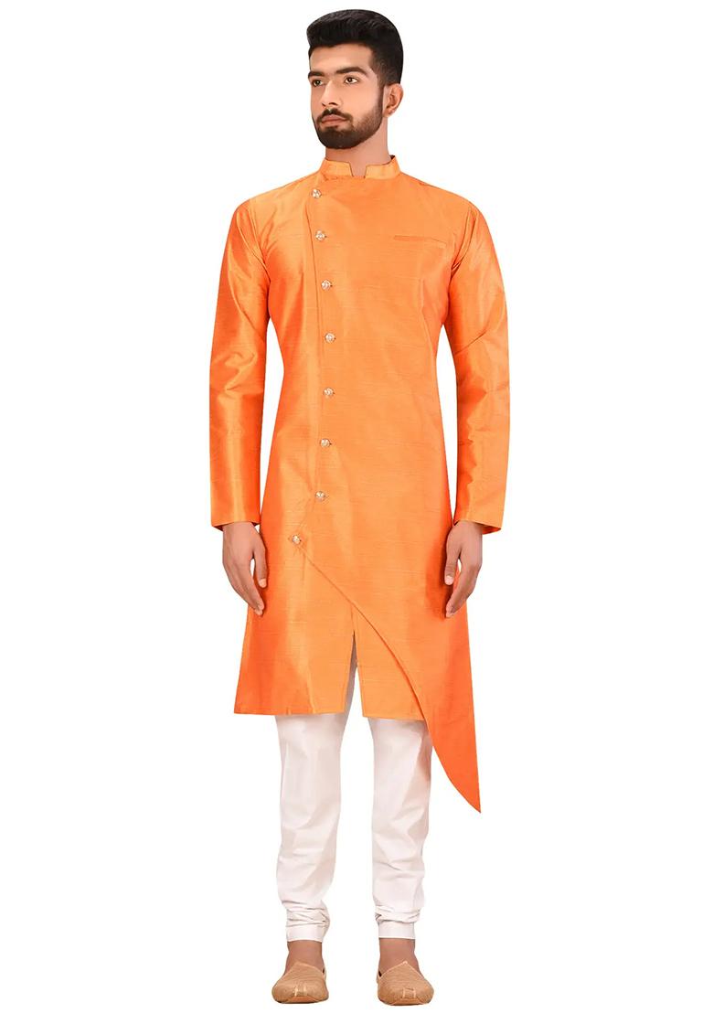 Orange Solid Silk Kurta Set For Men