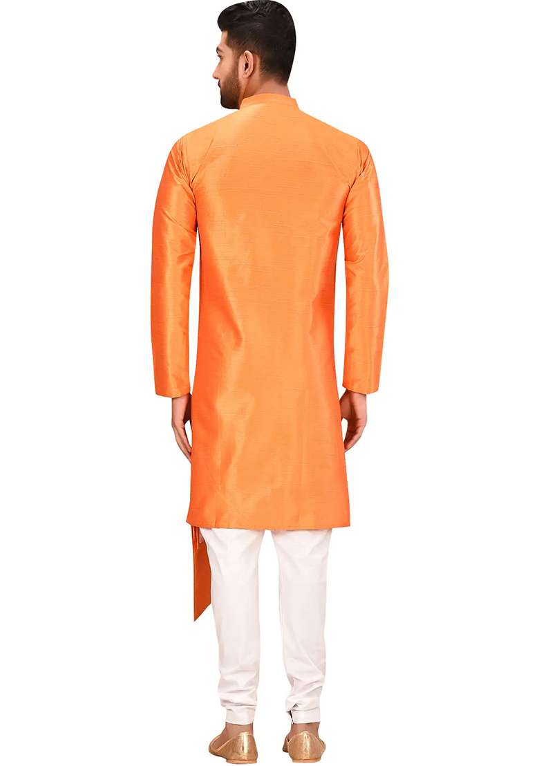 Orange Solid Silk Blend Kurta Set For Men - Indya