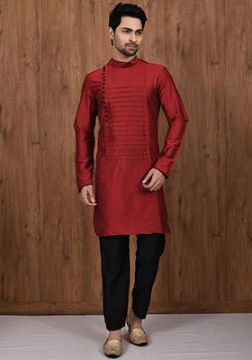 Maroon Solid Cotton Kurta Set For Men