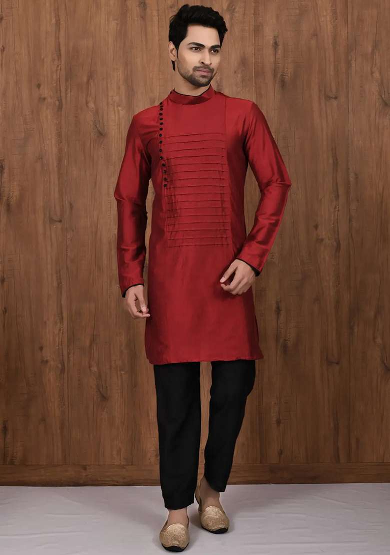 Maroon Solid Cotton Kurta Set For Men - Indya