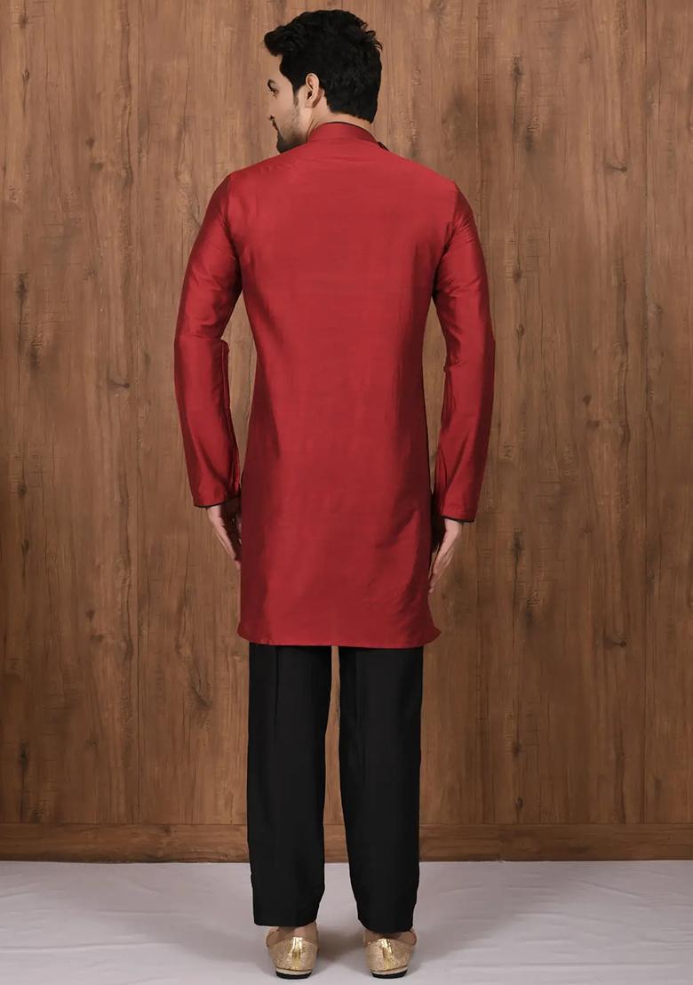 Maroon Solid Cotton Kurta Set For Men