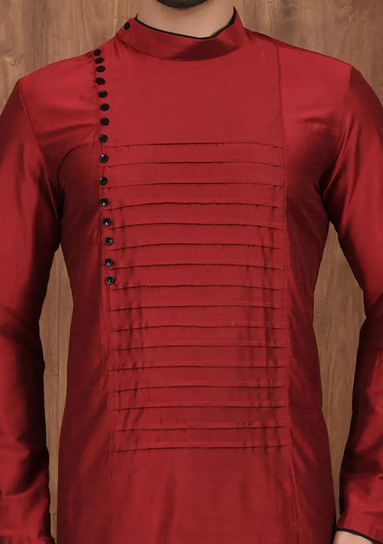 Maroon Solid Cotton Kurta Set For Men - Indya