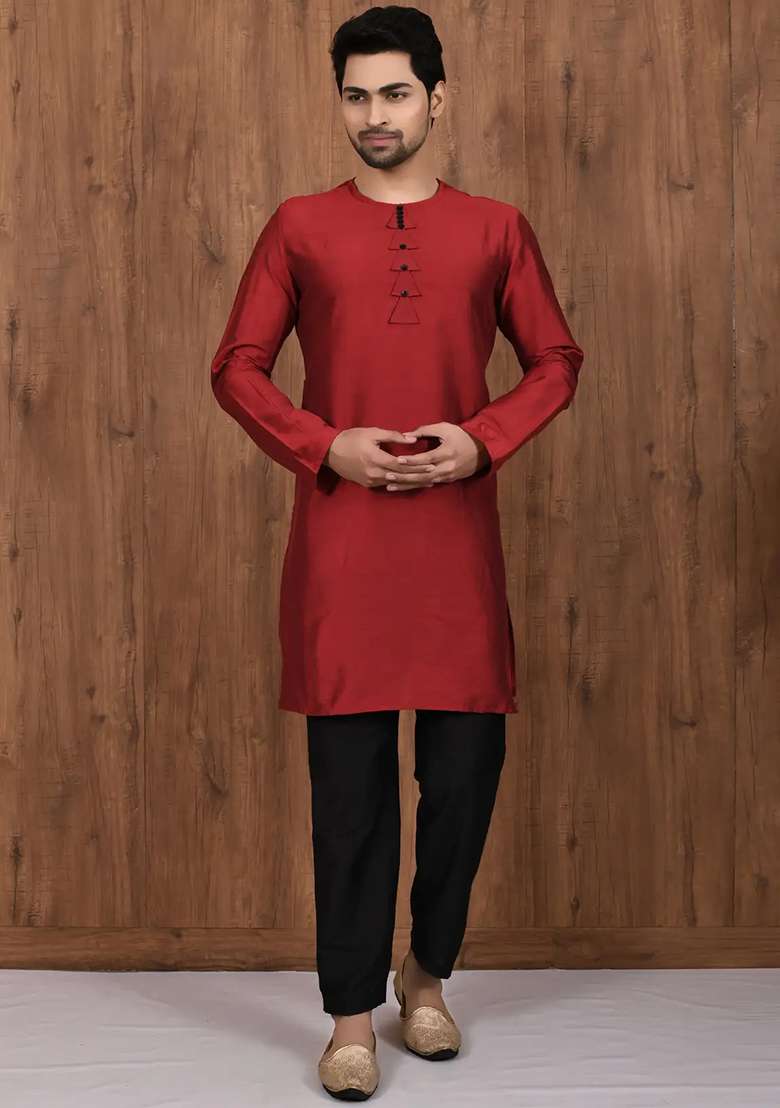 Maroon Solid Cotton Kurta Set For Men - Indya