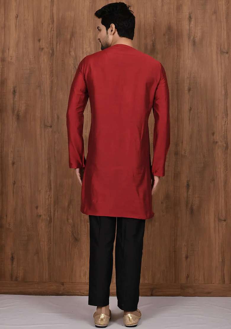 Maroon Solid Cotton Kurta Set For Men - Indya