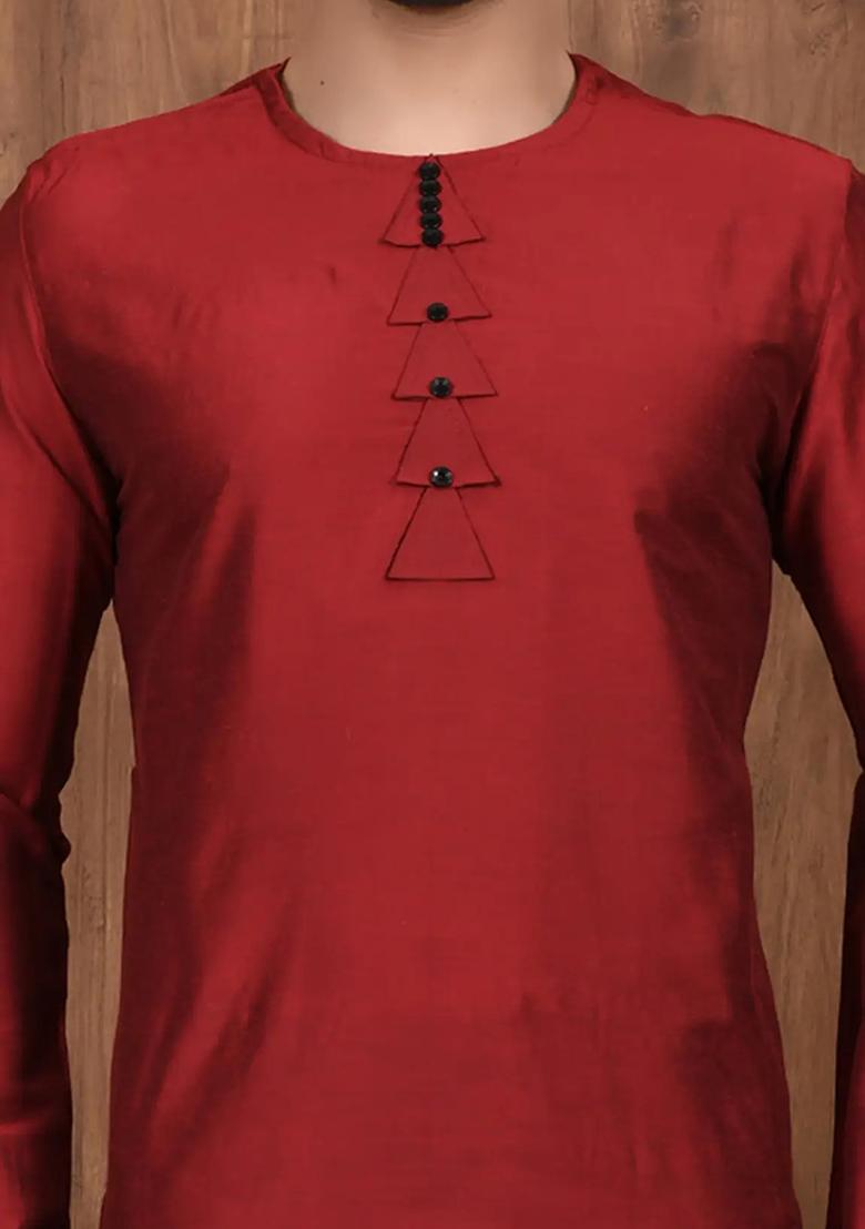 Maroon Solid Cotton Kurta Set For Men