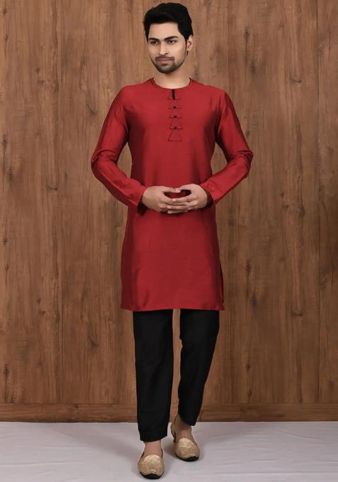 Maroon Solid Cotton Kurta Set For Men