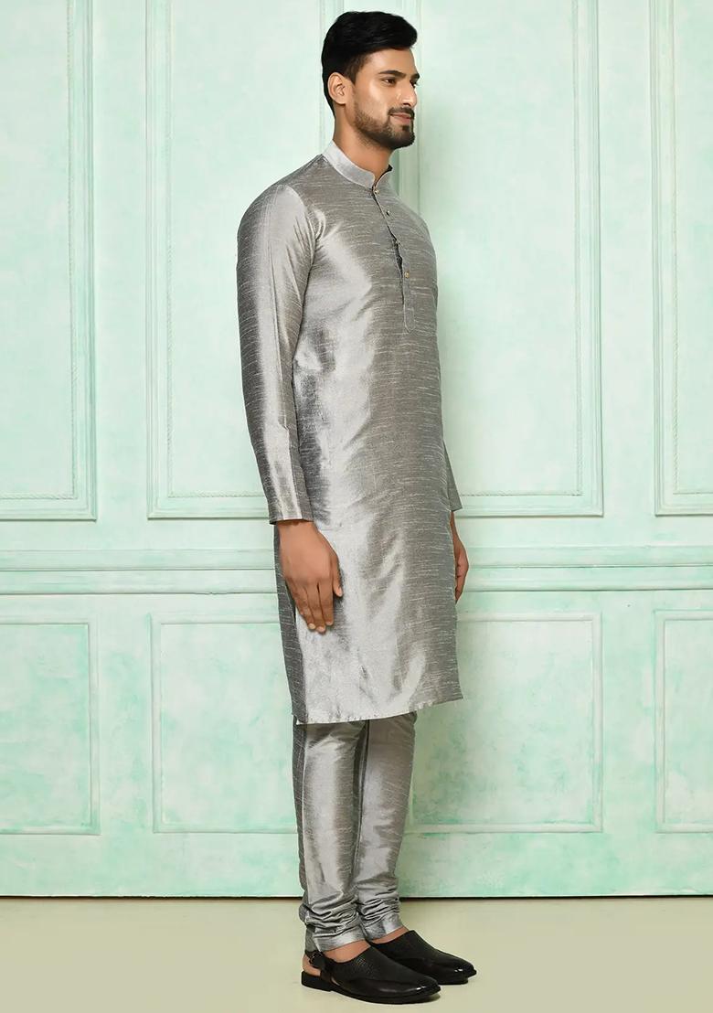 Grey Solid Silk Kurta Set For Men