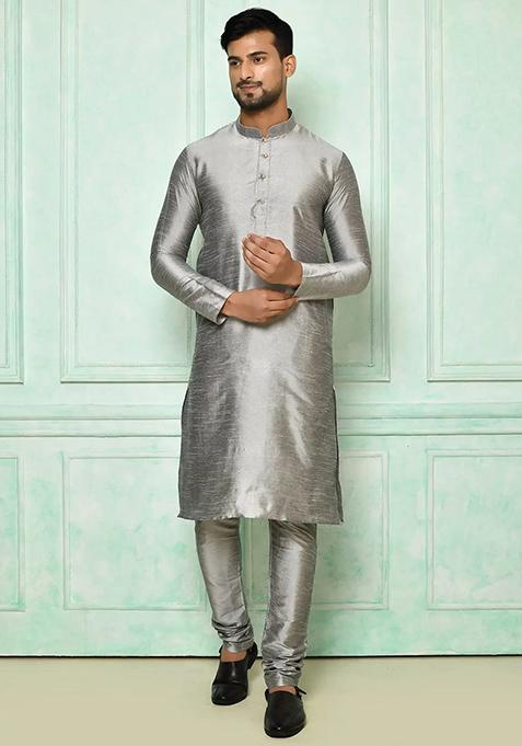 Grey Solid Silk Kurta Set For Men