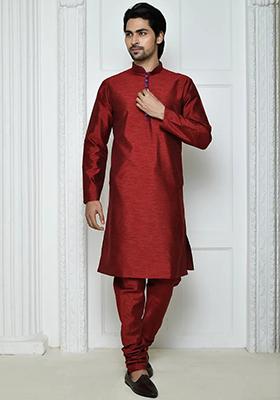 Maroon Solid Silk Kurta Set For Men