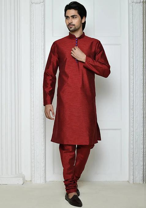 Maroon Solid Silk Kurta Set For Men