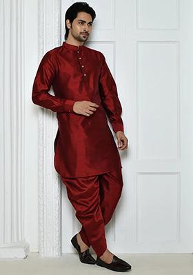 Maroon Solid Silk Kurta Set For Men