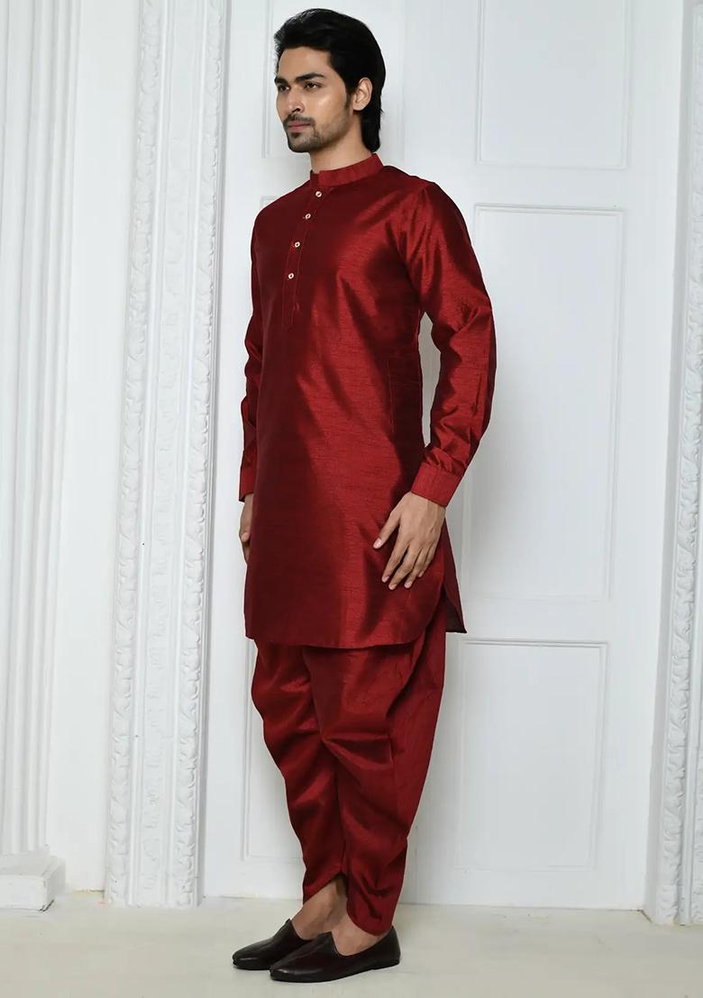 Maroon Solid Silk Kurta Set For Men