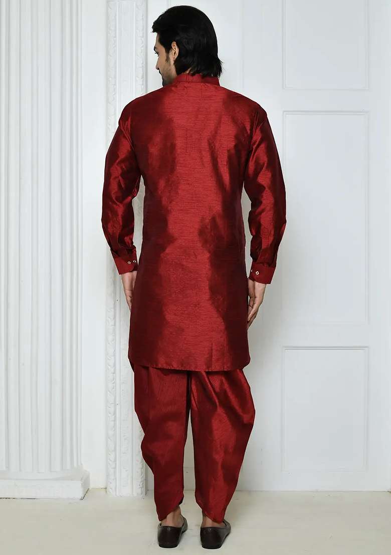Maroon Solid Silk Blend Kurta Set For Men - Indya
