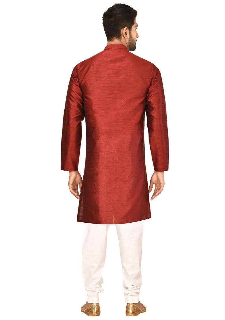 Maroon Solid Silk Kurta Set For Men