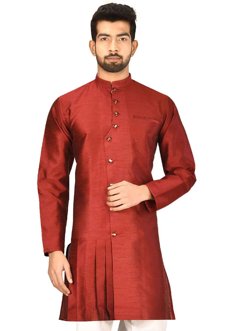 Maroon Solid Silk Blend Kurta Set For Men - Indya