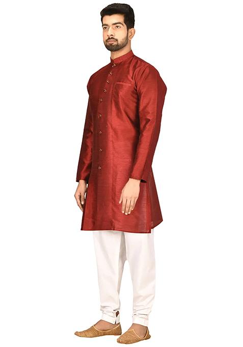 Maroon Solid Silk Kurta Set For Men