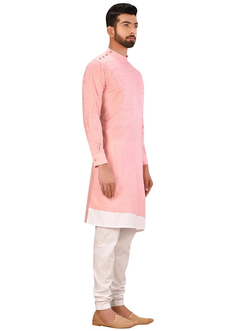 Pink Solid Silk Kurta Set For Men