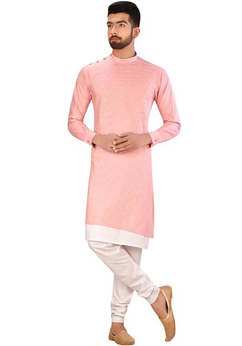 Pink Solid Silk Kurta Set For Men