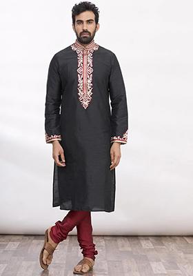 Black Solid Silk Kurta Set For Men