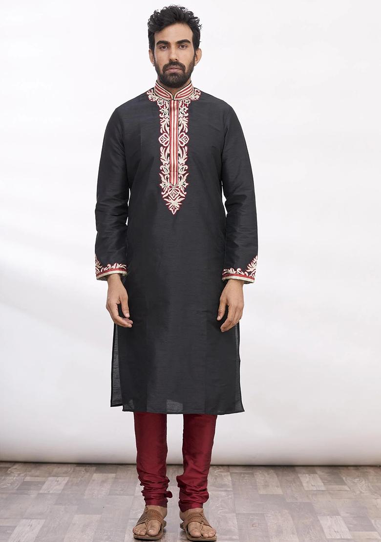 Black Solid Silk Kurta Set For Men