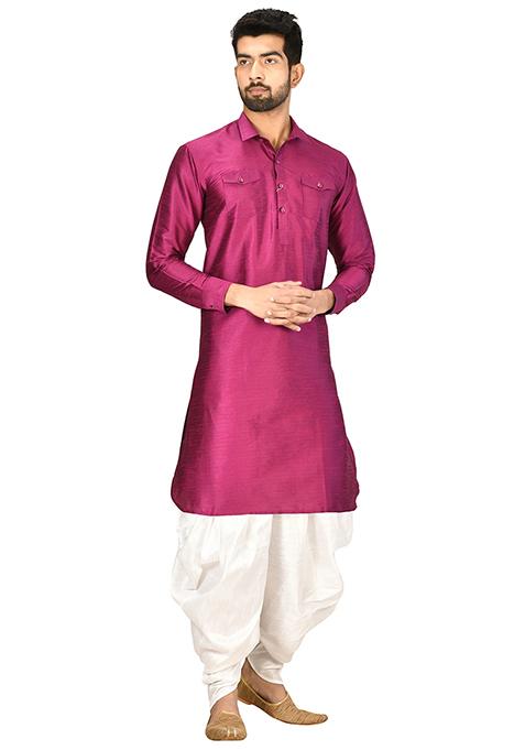 Purple Embroidered Silk Kurta Set For Men