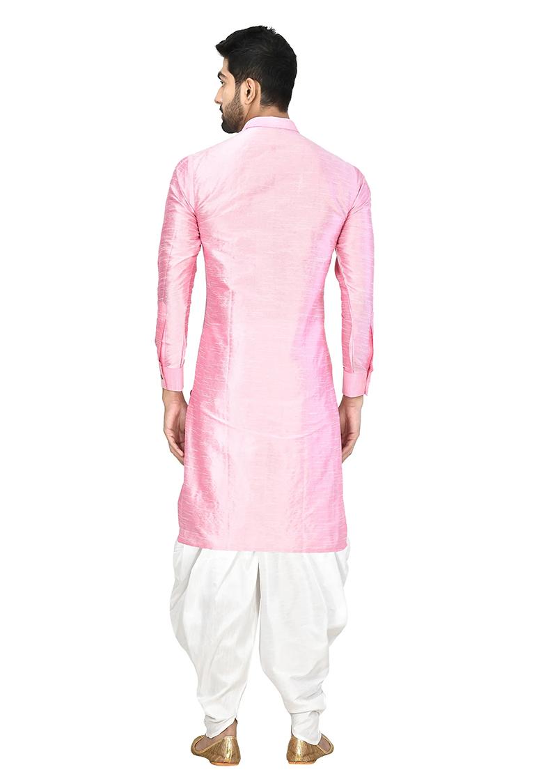 Pink Embroidered Silk Kurta Set For Men